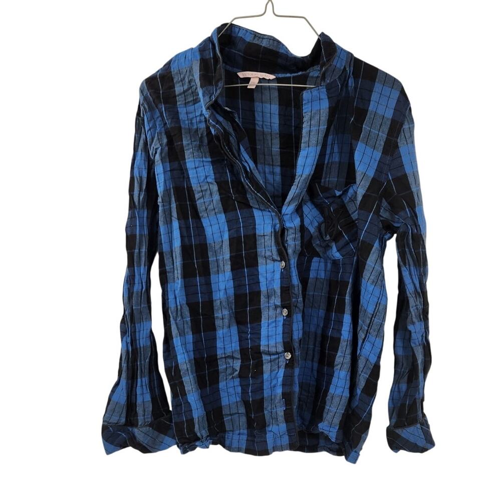 Victoria's Secret Plaid Pajama Top - Blue Black, Medium
